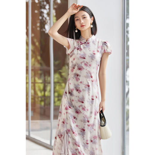 剩S/M/L 米思阳2025夏季新款新中式印花旗袍裙长款侧开叉盘扣连衣裙女2875 商品图3