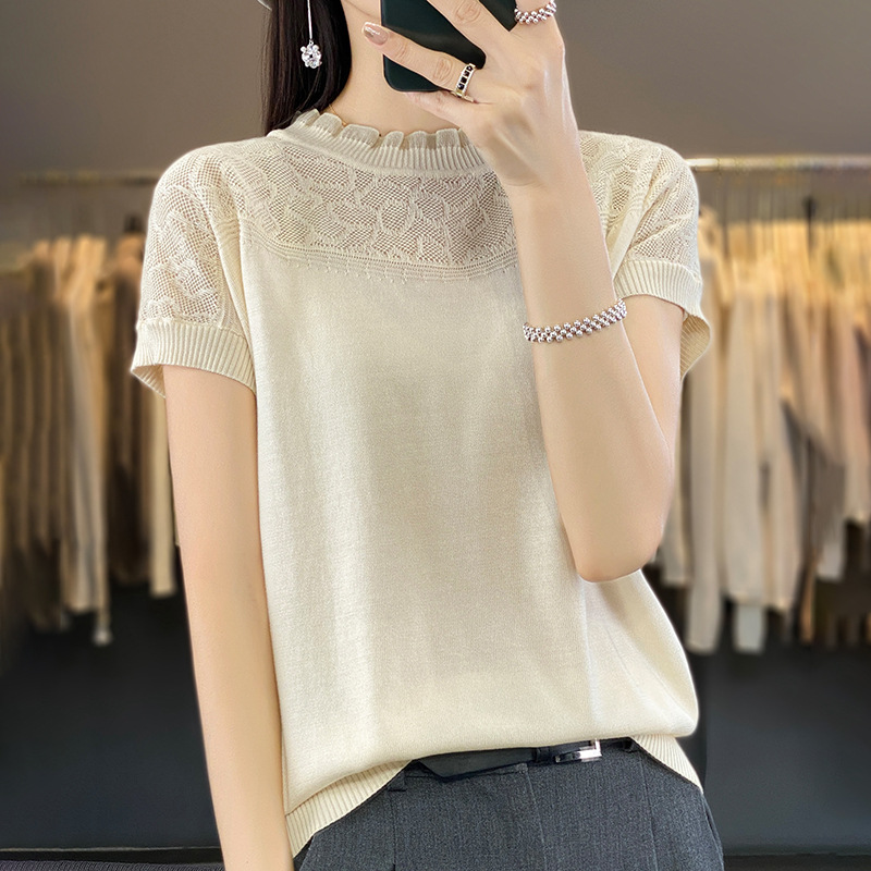丁摩 夏季薄款镂空针织衫女新款天丝短袖T恤欧根纱木耳边小衫5ZF-NS-2399