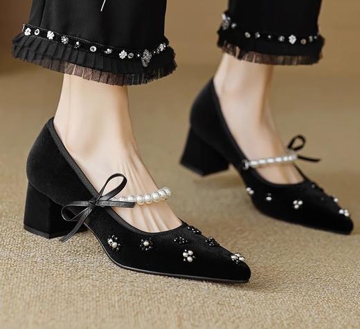 小香名媛真丝金丝绒珍珠尖头方跟鞋凉鞋 商品图4