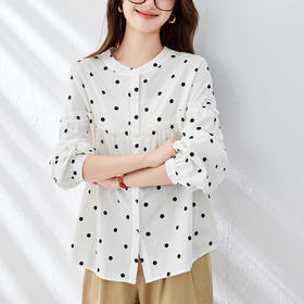 丁摩 波点圆领衬衫女长袖夏季宽松休闲上衣木耳边纯棉衬衣5ZF-52180
