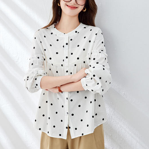 丁摩 波点圆领衬衫女长袖夏季宽松休闲上衣木耳边纯棉衬衣5ZF-52180 商品图0