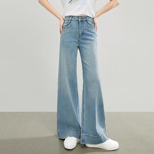 【专属特价】熙世界淡人穿搭天丝微喇阔腿牛仔裤薄款春夏高腰宽松直筒喇叭裤子 商品图4