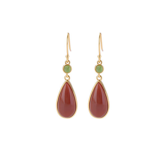 【双喜之年】S925纯银和田玉碧玉南红玛瑙水滴双喜耳饰【CW-EG02222】 商品图4