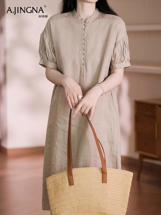 【清爽透气】阿菁娜新中式亚麻气质立领直筒连衣裙F30X212028 商品图0