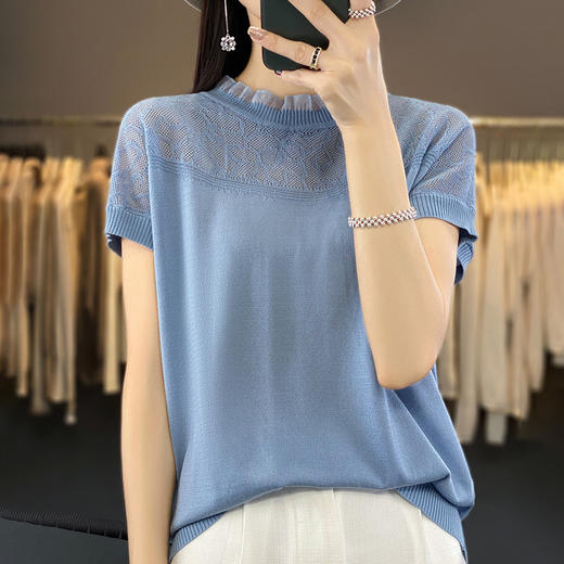 丁摩 夏季薄款镂空针织衫女新款天丝短袖T恤欧根纱木耳边小衫5ZF-NS-2399 商品图6