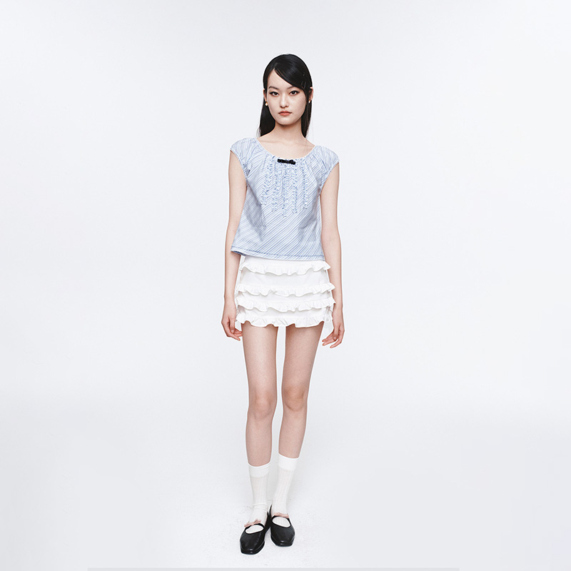 HERLIAN 2025夏季新品女士木耳边设计斜条纹小上衣