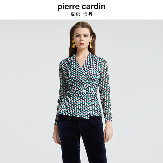 皮尔卡丹女装新款时尚修身压褶V领衬衫P4331B4990G3 商品图0