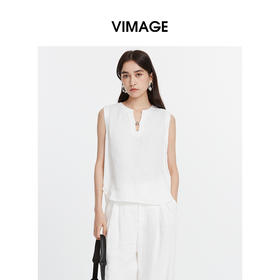 VIMAGE纬漫纪设计师款亚麻气质简约背心小U型领廓形上衣2025夏季新款V2313928