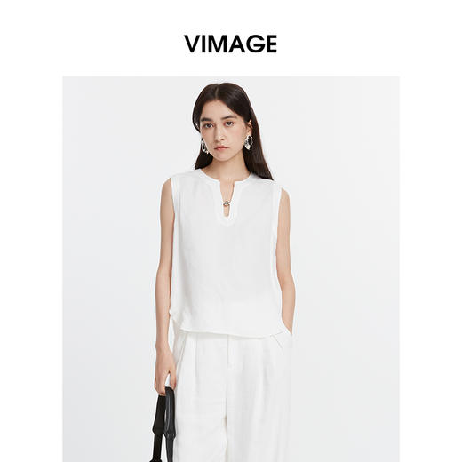 VIMAGE纬漫纪设计师款亚麻气质简约背心小U型领廓形上衣2025夏季新款V2313928 商品图0