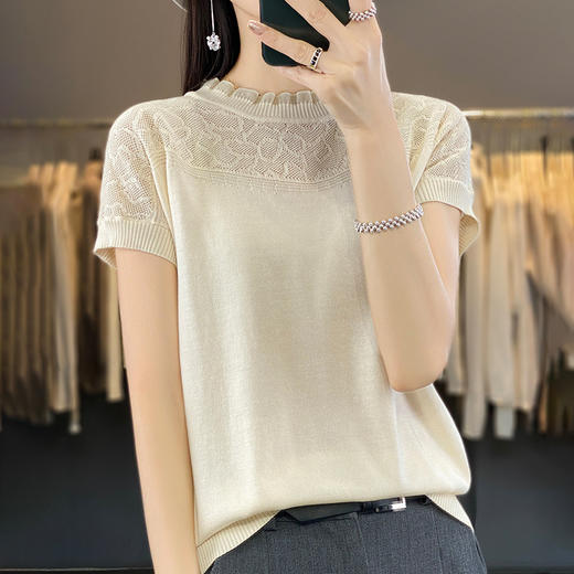 丁摩 夏季薄款镂空针织衫女新款天丝短袖T恤欧根纱木耳边小衫5ZF-NS-2399 商品图9