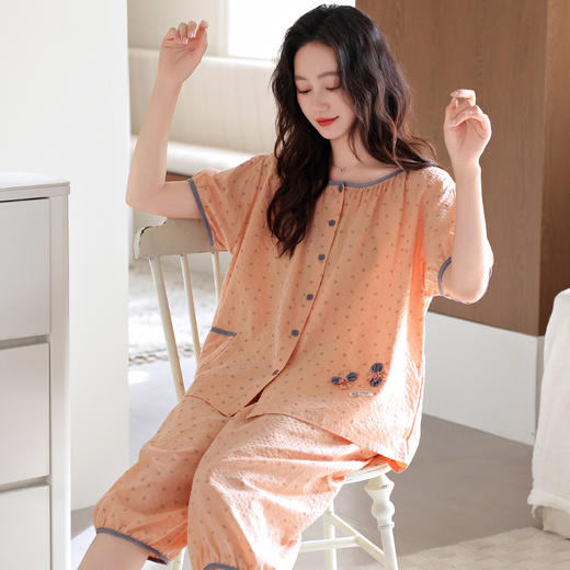 雀说 夏季梭织纯棉短袖七分裤薄款家居服睡衣 商品图2