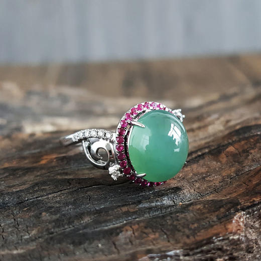 【天然正品】A货翡翠AU750白金镶钻镶天然冰种湖水蓝蛋面翡翠戒指17号（戒圈可改）女士220425NJM29 商品图2