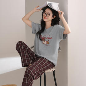 芬腾睡衣女款夏季短袖长裤薄款休闲可爱圆领套头可外穿家居服套装