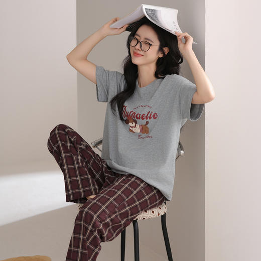 芬腾睡衣女款夏季短袖长裤薄款休闲可爱圆领套头可外穿家居服套装 商品图0