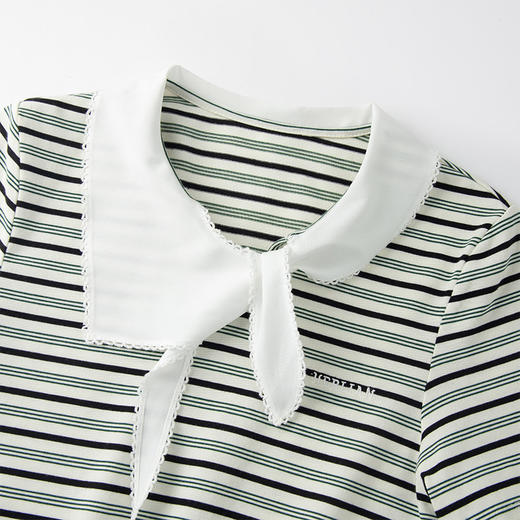 HERLIAN 2025夏季新品女士领口系带蝴蝶结设计短版条纹T恤 商品图3