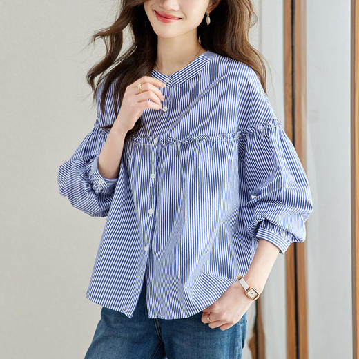 丁摩 波点圆领衬衫女长袖夏季宽松休闲上衣木耳边纯棉衬衣5ZF-52180 商品图6