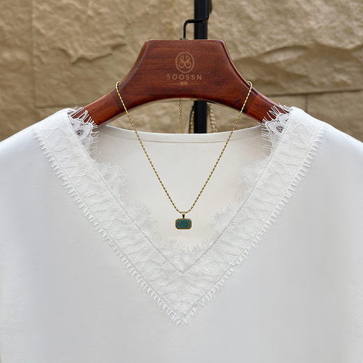 丁摩 法式气质蕾丝花边v领正肩短袖t恤女夏季新款显瘦上衣5ZF-M707 商品图2