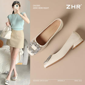 ZHR则则法式复古水钻方扣平底单鞋女2025新款百搭浅口一脚蹬女鞋