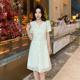 奢姿大码女装2025夏季胖妹妹气质V领蕾丝优雅连衣裙单排扣裙子9952869321