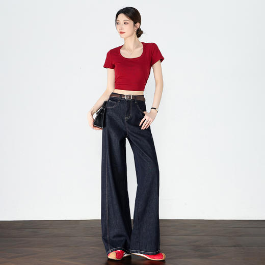 【限时秒杀】设计感车缝线复古深蓝牛仔裤女直筒裤V0050784 商品图1