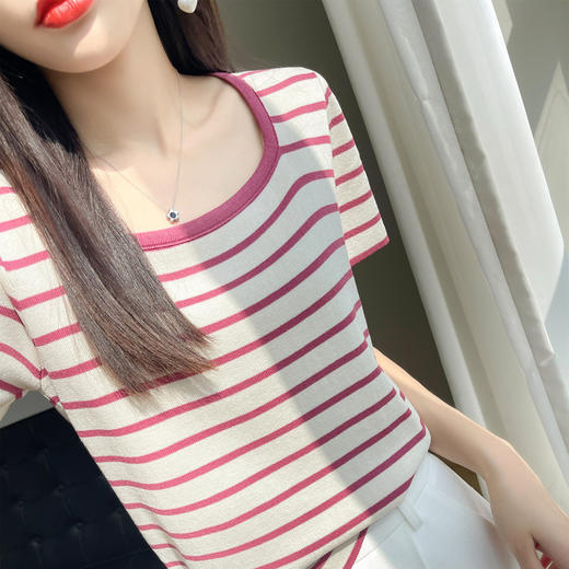 丁摩 冰丝圆领条纹针织短袖女士休闲宽松拼色T恤夏百搭套头打底上衣薄5ZF-  FA-236 商品图5