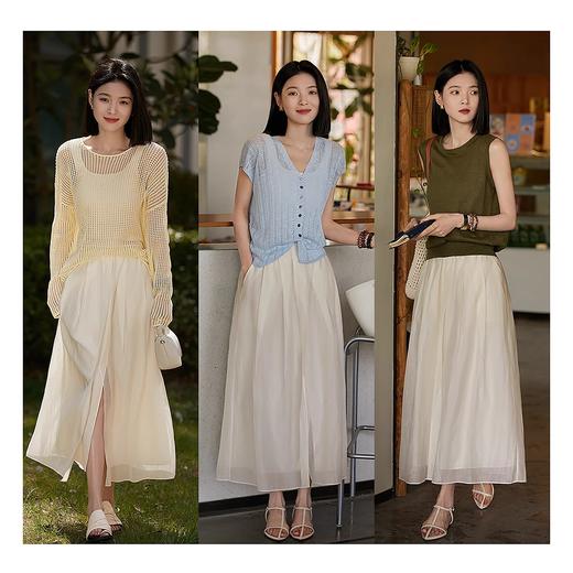 【Mariot 柔光拂夏仙女半身裙3087】  前后开叉设计，松紧腰A字中长裙 商品图1