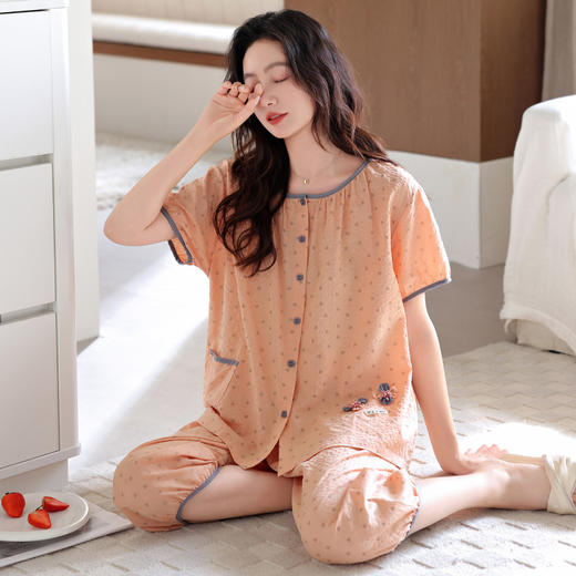 雀说 夏季梭织纯棉短袖七分裤薄款家居服睡衣 商品图1