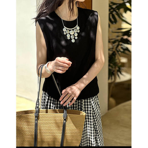 夏季圆领无袖侧边抽褶极简亚麻套头衬衫背心  JZYL-5572 商品图1