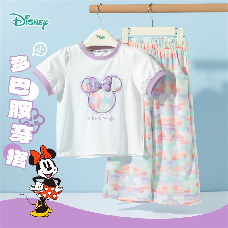 迪士尼米妮凉感短袖防蚊裤套装夏季女童凉感T恤时尚条纹运动休闲裤短袖套装ZD2ET044