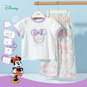 迪士尼米妮凉感短袖防蚊裤套装夏季女童凉感T恤时尚条纹运动休闲裤短袖套装ZD2ET044