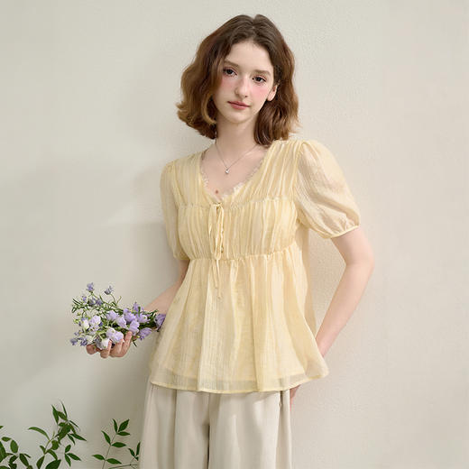 【限时秒杀】【天丝】温柔缩褶波纹肌理感衬衫女娃娃款V领衬衣V0051042 商品图4