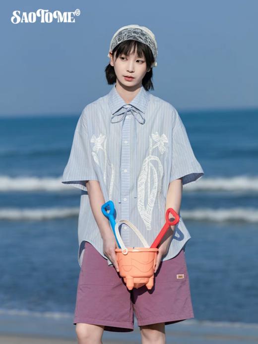 早乙女惠子saotome/STMCS252175/鲜花蕾丝贴布绣条纹短袖衬衫 商品图3