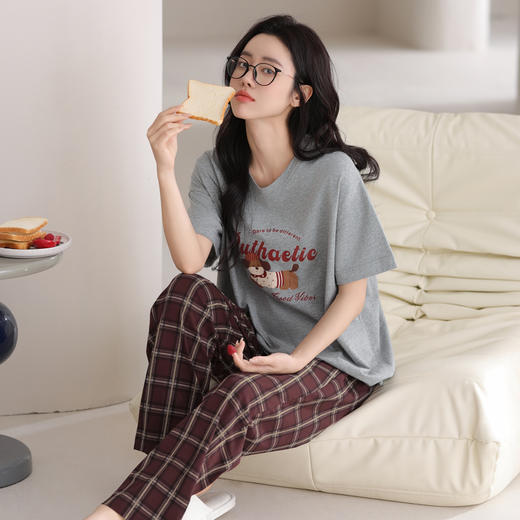 芬腾睡衣女款夏季短袖长裤薄款休闲可爱圆领套头可外穿家居服套装 商品图1