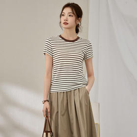 百媚生 天丝羊毛条纹圆领短袖女t恤16882