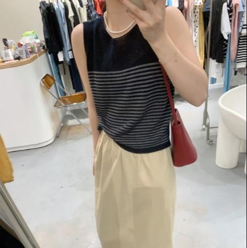 【à perles】亚麻天丝条纹圆领无袖背心 商品图8