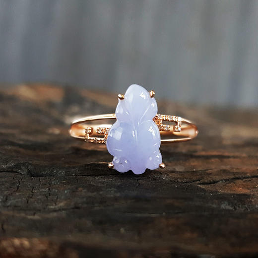 【天然正品】A货翡翠AU750玫瑰金镶钻镶天然糯种紫罗兰金鱼翡翠（年年有余）戒指14.5号（戒圈可改）女士现售价：1880！220325AH46 商品图5