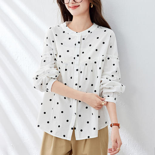 丁摩 波点圆领衬衫女长袖夏季宽松休闲上衣木耳边纯棉衬衣5ZF-52180 商品图3