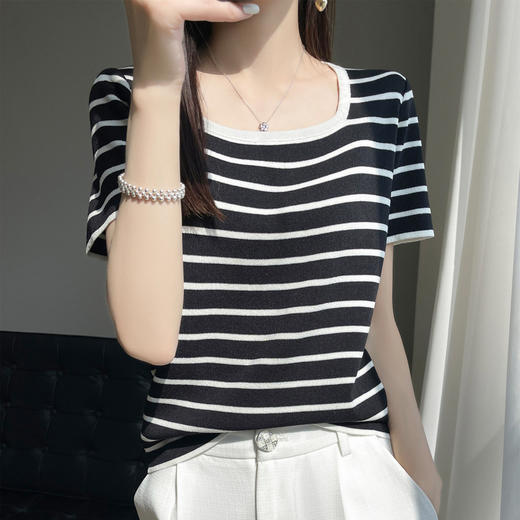 丁摩 冰丝圆领条纹针织短袖女士休闲宽松拼色T恤夏百搭套头打底上衣薄5ZF-  FA-236 商品图3