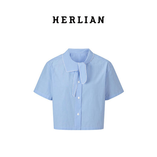 HERLIAN 2025夏季新品女士领口系带蝴蝶结设计短版格纹衬衫 商品图4