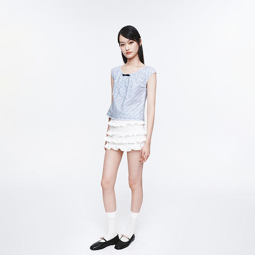 HERLIAN 2025夏季新品女士木耳边设计斜条纹小上衣 商品图1