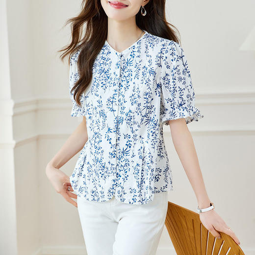 新中式印花衬衫青花瓷短袖上衣女夏季薄款纯棉别致衬衣女    MJ-44085 商品图0