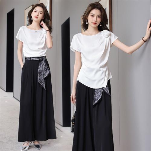 WZNHHBLJRA1157 2025年夏季时尚气质优雅配花不规则剪裁减龄阔腿裤两件套其他涤纶 商品图1