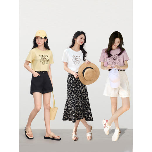 【专属特价】熙世界重工刺绣百合花T恤女短袖2025新款春夏休闲风圆领正肩上衣 商品图2