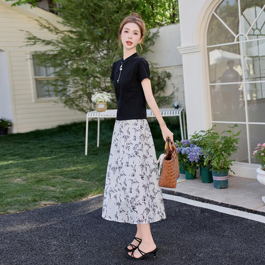 新中式国风短袖盘扣上衣，印花半身裙洋气休闲两件套BBL2591 商品图3