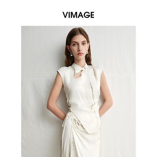 VIMAGE纬漫纪新中式温婉短袖浅绿竹韵印花衬衣女上衣2025夏季新款V2313937 商品图2