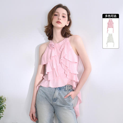 【伊甸园玫瑰】纯欲不规则荷叶边挂脖无袖衬衫女春夏衬衣V0750288 商品图0