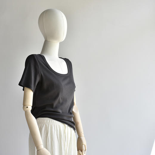 丁摩 夏新款女装U领方领白色宽松T恤短袖低领正肩上衣5ZF-B126 商品图6