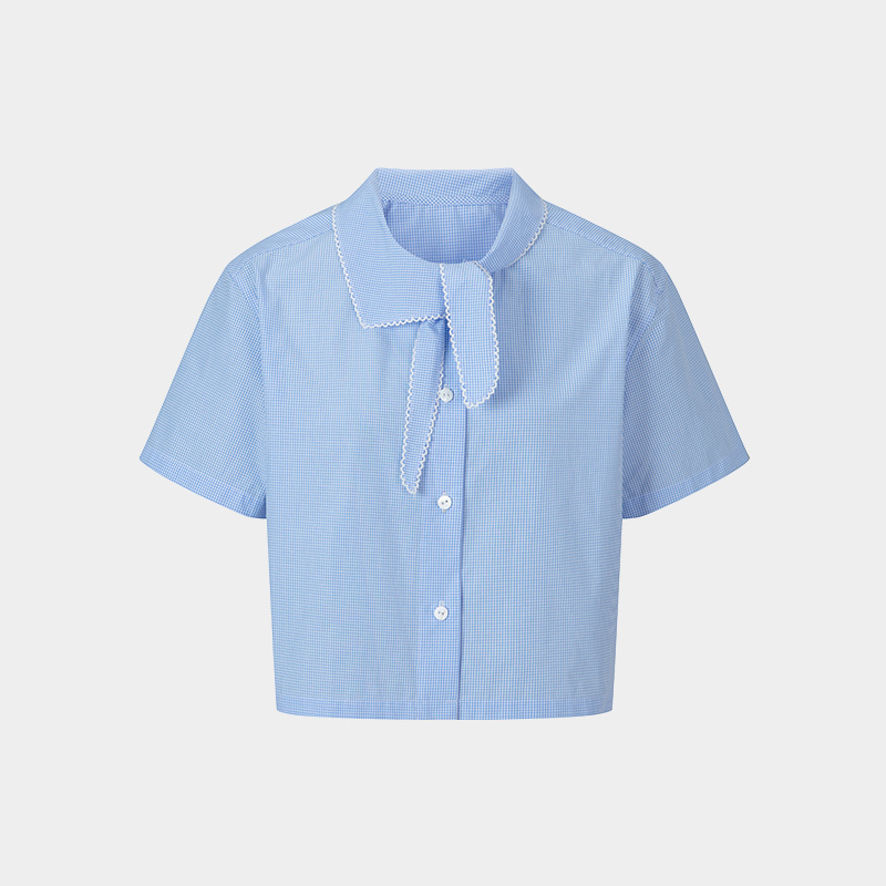 HERLIAN 2025夏季新品女士领口系带蝴蝶结设计短版格纹衬衫