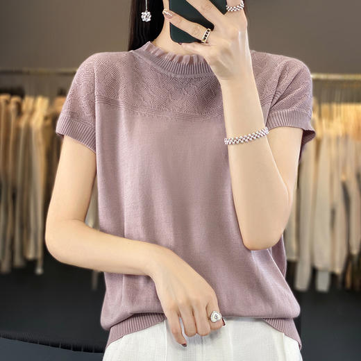 丁摩 夏季薄款镂空针织衫女新款天丝短袖T恤欧根纱木耳边小衫5ZF-NS-2399 商品图2