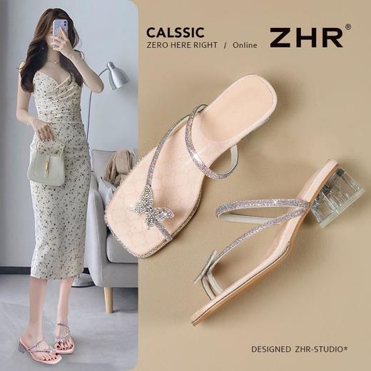 ZHR水钻拖鞋女2025新款夏季时尚夹趾拖鞋外穿洋气蝴蝶结粗跟女鞋 商品图2